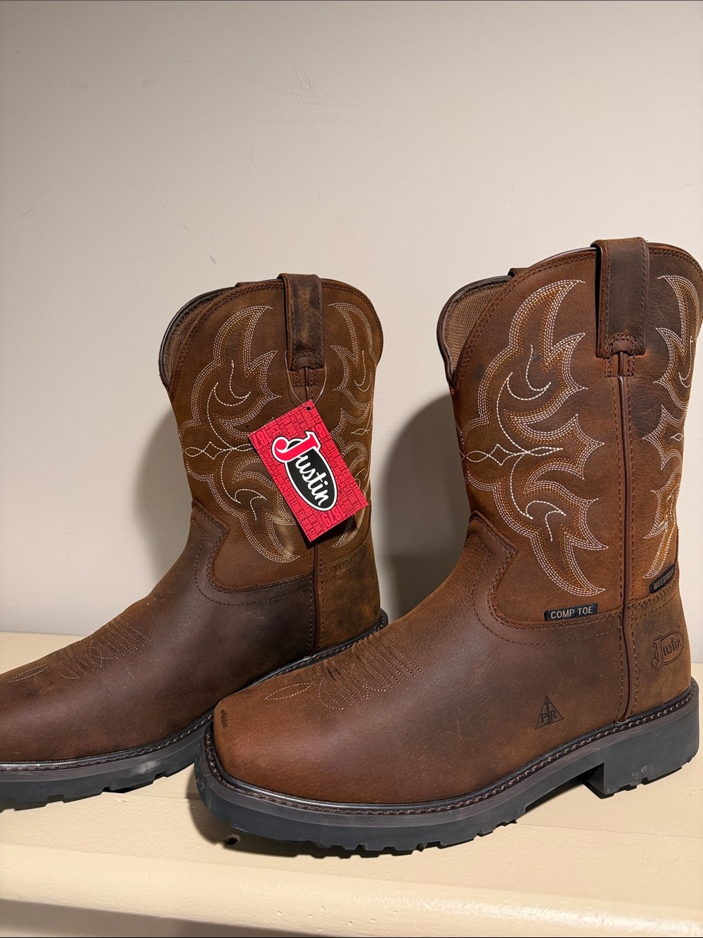 Justin Boots Brown Leather Work Cowboy Boots with Composite Toe
